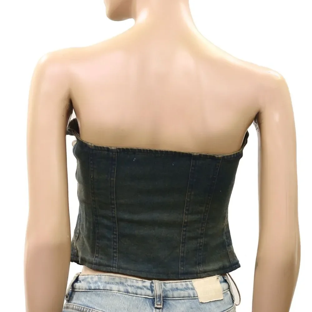 Urban Outfitters UO Leila Denim Lace-Up Tube Blouse Top Cropped Blue XS 289828